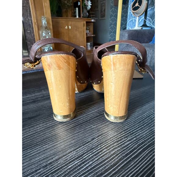 Tory Burch Brayden Brown Leather Logo Slingback Wood Clog Sz. 7 - Picture 7 of 8